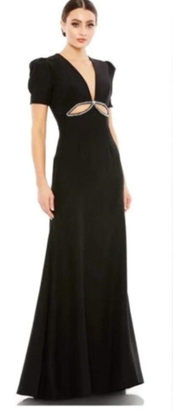 Ieena for Mac Duggal 2630 Dress Embellished Cut Out Puff Sleeve Gown Black NWT 2